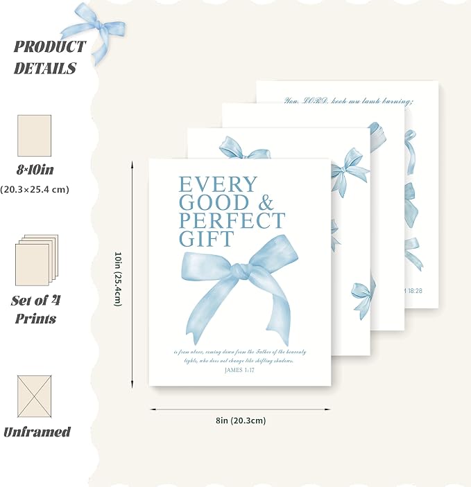 LARTSFRO Coquette Blue Bow Wall Art Decor Posters, Baby Blue Bow Room Bedroom Bathroom Dorm Wall Art Decor Aesthetic for College Teen Girls Gifts, Inspirational Bible Verses Bow Wall Decor, 10x8 Inch Set of 4 Pcs Bow Pictures (UNFRAMED)