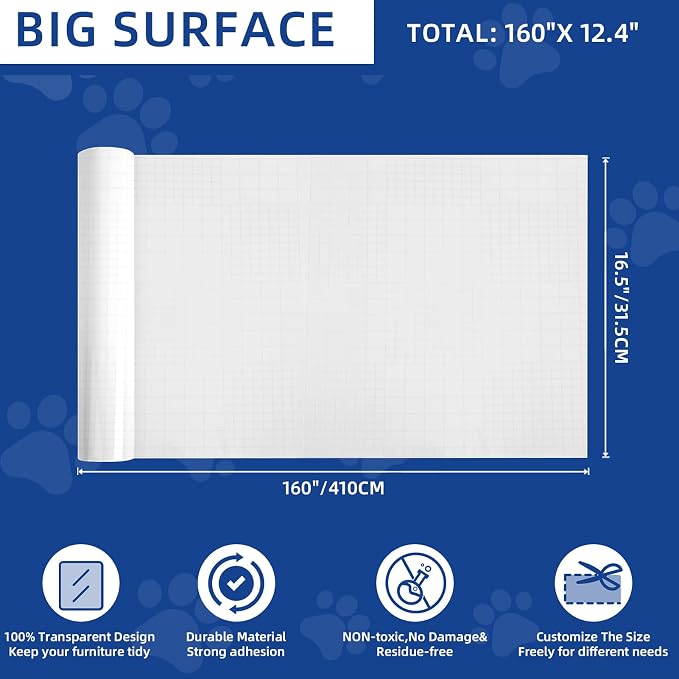 TOOSOFt Anti Cat Scratch Furniture Protector Clear Thicken Vinyl 160"x12.4" | Couch Protector from Cat Claws Thicken - Single Sided Sticky Flexible Dog Tape for Furniture, for Couch Corner Door Walls Bed