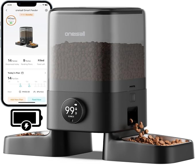 oneisall 2.4G Cordless Automatic Cat Feeder, 20 Cups/5L | 100-Day Rechargeable Battery Life, Time Meal, App Remote Control, Large Kibble, Timed Meals, Feed Now, Precise Portions