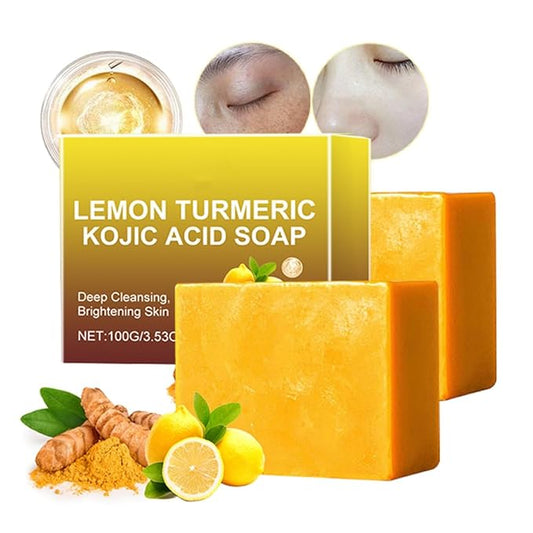Jabon de Curcuma Para las Manchas, Acido Kojico para Manchas, Jabón de Curcuma, Aceite de Coco, Vitamina E, Triple Para Rostro y Cuerpo, Jabón Para Piel Grasa y Seca (2 Jabon Intimo Para Mujer)