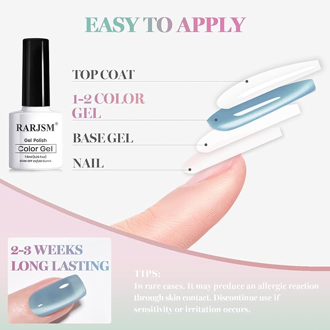 RARJSM Sheer Pastel Glaze Glassy Ceramic Cat Eye Gel Nail Polish Set 6Pcs Light Green Mint Sky Blue Nude Rosy Pink Lavender Mauve Moonlight Shimmer Cateye Gelpolish with Magnetic Stick Curing Require