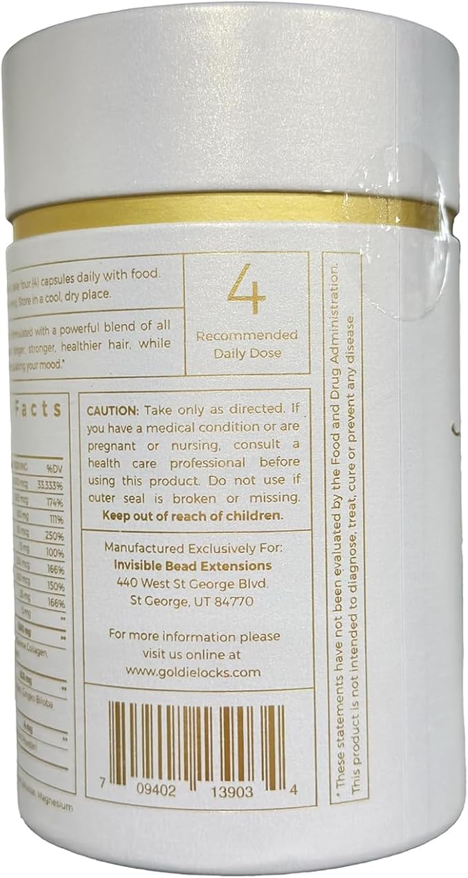 Goldie Locks Hair Growth Supplements - Original Formula - Supports Hair, Skin, Nails & Joints - with Biotin, Multi-Collagen, Zinc & Adaptogenic Herbs - Daily Beauty Supplement - 120 Count