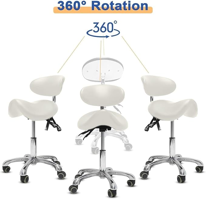 Saddle Stool with Wheels,3-Way Function Rolling Stool with Back Support,Ergonomic Stool Saddle Stool for Hair Stylist for Dentist Salon Tattoo(White)