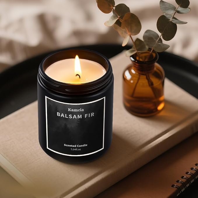 Balsam Fir Scented Candle, Fresh Pine & Evergreen Woodsy Aromatherapy in Black Jar, Natural Soy Wax for Home Decor, Crisp Winter Forest Scent for Men and Women, 7oz