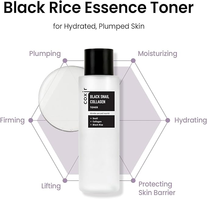coxir Black Snail Collagen Toner – Hydrating Essence Toner with Snail Mucin & Black Rice Complex for Skin Texture Moisture Balance | Lightweight Korean Skincare for All Skin Types [5.07 fl.oz]