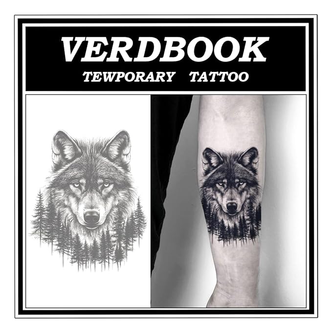 Waterproof Temporary Tattoos: 2-Sheet Tattoo Kit with Realistic Body Stickers, Semi-Permanent Tattoos for Adults Lasting 7-15 Days – Safe for Men & Women, Jungle Wolf