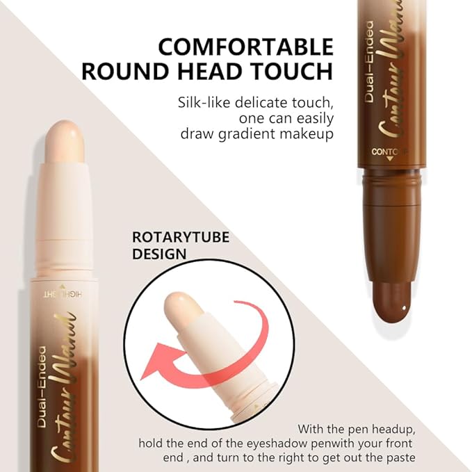 2Pcs Contour Stick Dual Ended Face Body Makeup Waterproof no Transfer, 2 in 1 Cream Concealer Stick Contouring Makeup Kit, Nose Contour Bronzer Sticks Face Highlighter Make up 22# + 24#