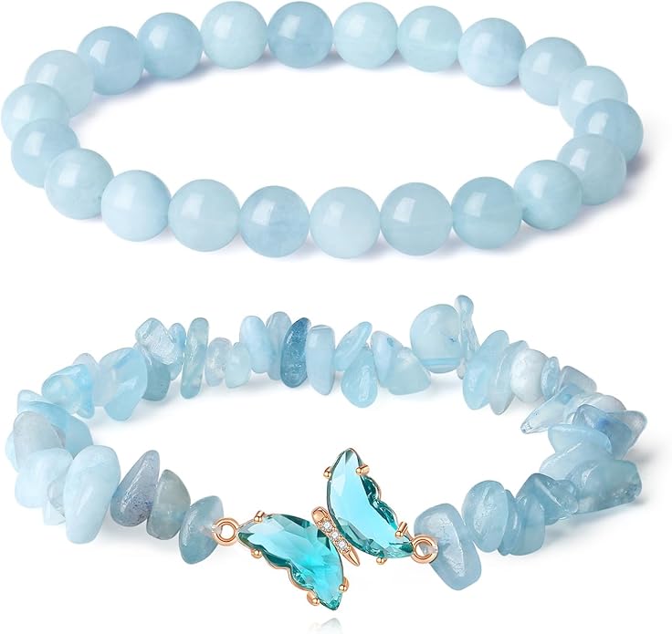 DUQGUHO 2Pcs Butterfly Bracelets for Women Healing Crystals Bracelets for Women Natural Gemstone Bead Bracelet Cute Butterfly Charm Bracelet Stretch 8mm Crystal Jewelry Gifts for Women