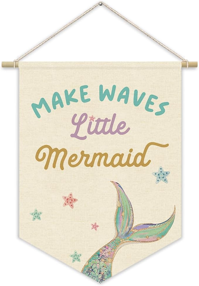 Little Mermaid Wall Decor Banner for Girls Room, Nursery Decor Pennant Banner,Cute Ocean Princess Playroom Wall Hanging, Make Waves Mermaid Bedroom Bathroom Decor for Baby Girls 15x11