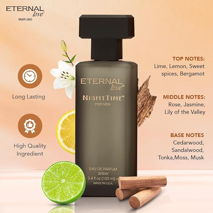 Eternal Love Nighttime for Men - Long Lasting Eau de Parfum Spray - Clean Masculine Fragrance with Rose & Jasmine - Warm Sophisticated Scent - 3.4oz