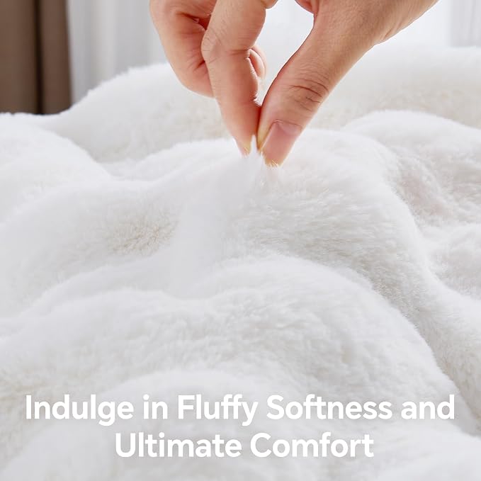 BEDELITE Faux Fur Throw Bubble Blanket for Couch, 60" x 80", White | 870GSM Soft Cozy Plush Blanket for Sofa & Bed Living Room Decor, Warm Fuzzy Faux Rabbit Fur for Women Gift, All Season Use