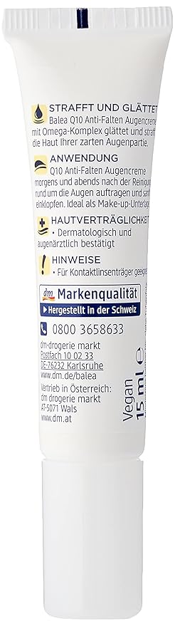 Anti-Wrinkle Eye Cream Q10 with Omega Complex - Perfume-free, PEG-free, Vegan, Not Tested on Animals - 15 ml by Balea