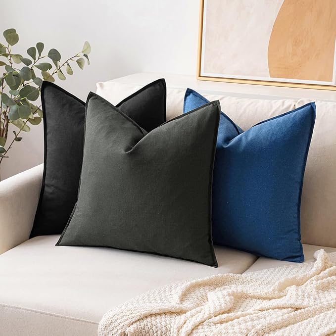 MIULEE Euro Shams Decorative Linen Pillow Covers 24x24 Inch Black | Pack of 2, Boho Farmhouse Modern Soft Accent Throw Pillows, Neutral Cushion Covers, Home Decor for Bed Sofa Couch Living Room
