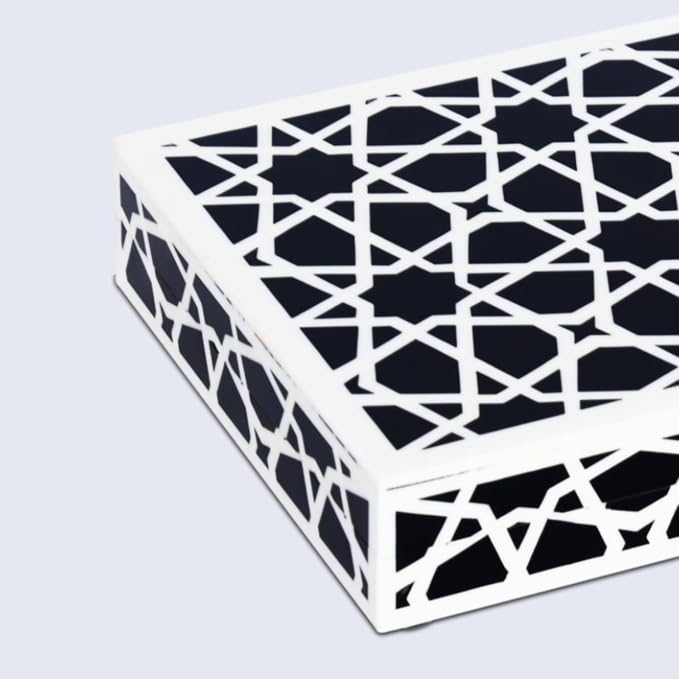 Handicrafts Home Decorative Storage Box with Lid, Black and White Moroccan Zellij Decorative Remote Control Box, Slim Coffee Table Storage Box for Shelf, Desk & Living Room Decor, Zellij 8 x 6 x 1.5