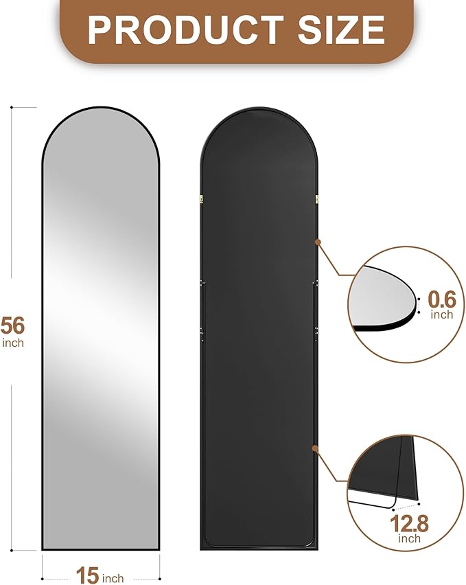 Arched Full Length Mirror with Stand, Black Floor Mirror | Aluminium alloy frame with HD float glass for distortion-free reflection. Free standing or wall mounted.