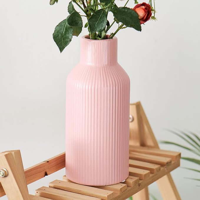 Bohemian Pink Ceramic Vase - for Pampas Grass, Mantel, Bookshelf, Entryway and Living Room Decor (Pink, 8in)