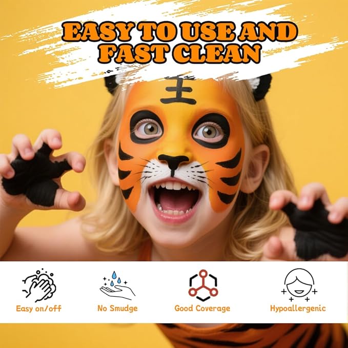 Face Painting Kit for Kids, 40 Colors Non-Toxic Water Activated Face Paint Palette, Facepaint Makeup Kit with Stencils, Brushes, Gems,for Halloween,Christmas, Birthday Parties, Carnival, School Event