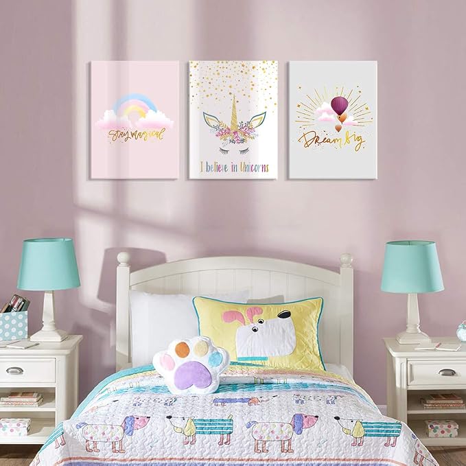 Chadow Artwork 3 Piece Girls Unicorn Canvas Wall Art Pastel Rainbow Hot Air Balloon Inspirational Nursery Decor Prints for Baby Girl Bedroom Playroom Nursery Bathroom Decor 12"x16"(30x40cm)