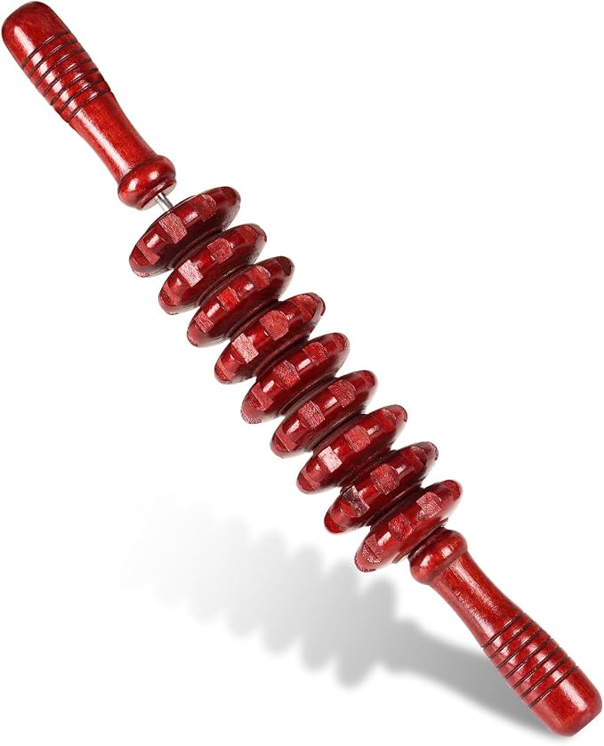Liitrton Manual Wooden Fascia Massage Roller Trigger Points for Release Cellulite Sore Muscle Blasting (Red straight-9-Wheel)