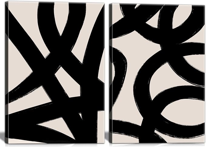 Framed Abstract Wall Art Canvas Set Lines Pictures Modern Mid Century Boho Wall Decor Minimalist Abstract Black Stroke Lines Canvas Painting Artwork Living Room Bedroom Home Office 12"x16"x2