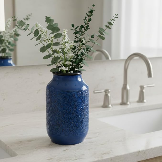 Blue Vase for Decor, 9 inch Ceramic Flower Vase, Modern Decorative Vases Home Decor, Bathroom Bedroom Office Living Room Shelf Decoration