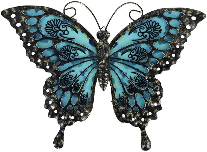 LIFFY Metal Butterfly Wall Decor Glass Outdoor Wall Art Sculptures 12" Hanging Garden Decorations Indoor Home Decorative Ornaments for Patio Yard Fence Bedroom Living Room