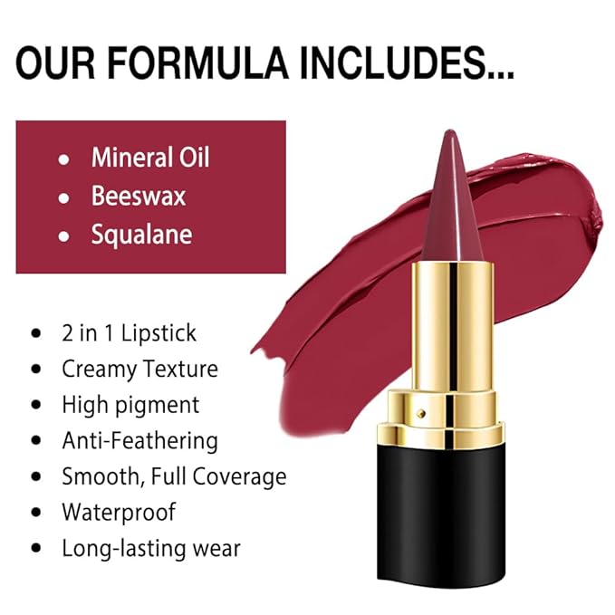 evpct Wine Red Gradient Matte Lipstick Lip Liner Crayon Combo Pencil Set for Women Long Lasting Waterproof, Plum Red Matte Cream Lip Liner and Lipstick Combo Makeup Set, Flawless Gradual Ombre Effect