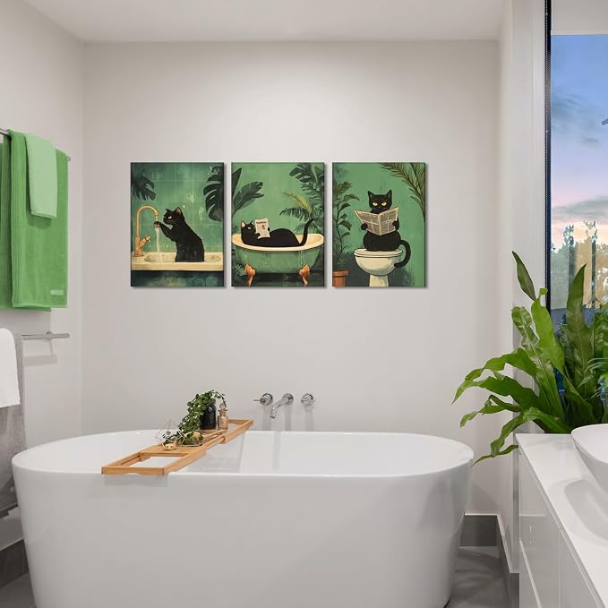 Funny Bathroom Black Cat Wall Art Set of 3, Whimsical Animal Bathroom Wall Decor Painting Maximalist Quirky Dark Pet Cat Toilet Canvas Poster Prints Aesthetics, Framed 16x24 inch