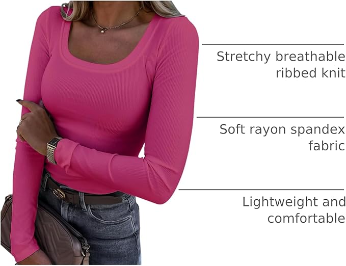 Roselux Womens Long Sleeve Scoop Neck Ribbed Knit Fitted Casual Tops Tee Slim Basic Shirts
