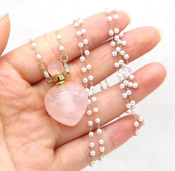 1pcs Natural Rose Quartz Stone Perfume Bottle Pendant Pearl Bead Chain Rectangle Heart Necklace for Women Jewelry Free Accessory Glasses