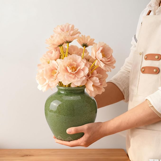 Ceramic Flower Vase Home Decor, 6.2 inch Farmhouse Rustic Vintage Decorative Vases, Pottery Terracotta Boho Flowers Vases for Dining Table, Living Room, Shelf, Kitchen, Bedroom (6.2"-Green)