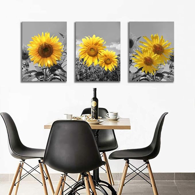 USIXA Sunflower Wall Art for Living Room Black White Flowers Wall Decor Yellow Floral Canvas Prints Painting Wood Frame with Hook Decorative Botanical Blossom Picture Artwork in 3 Panels 12×16 Inches