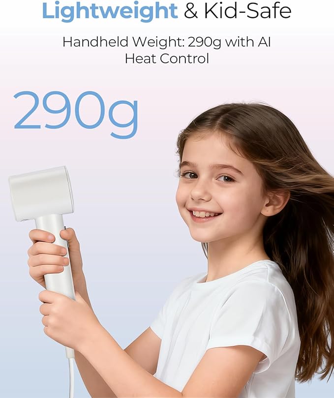 Kids Hair Dryer Mini, Lightweight 0.64lb High-Speed Blow Dryer with Smart Temperature Control & 600M Negative Ions, Compact Travel Hair Dryer for Kids, Adults & Seniors