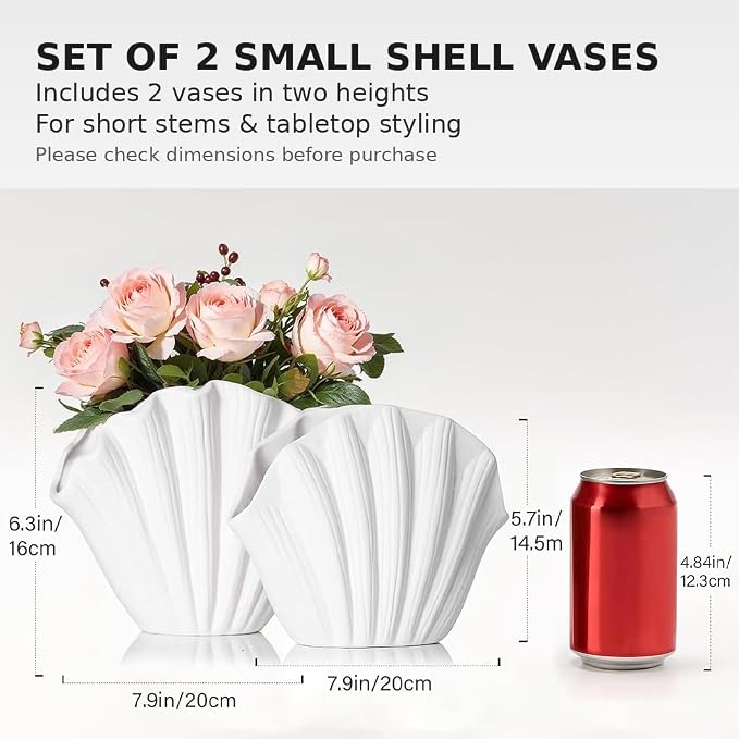 Seashell Vase Set of 2, White Ceramic Shell Vase 6.3" & 5.7", Coastal Sea Shell Vases Decor for Dried Flowers Faux Stem, Beach Nautical Table Decor, Scalloped Aesthetic Vases for Home Accents