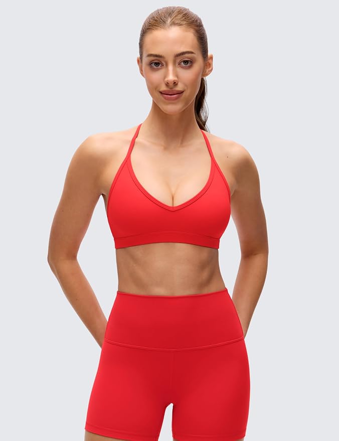 CRZ YOGA Butterluxe Soft Double Lined T-Back Sports Bras for Women - V Neck Adjustable Strap Yoga Crop Top Casual Non Padded