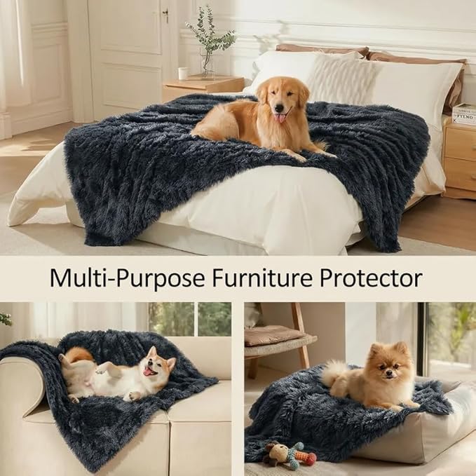 Waterproof Dog Blanket Pet Throw Blankets Fluffy Long Faux Fur Reversible Puppy Blankets 85x57in Furniture Protector Cover for Sofa Bed Couch Bed Cover Washable for Dogs Cats (Grey XL)