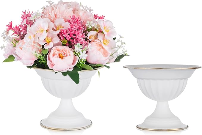 Sziqiqi White Compote Vase Wedding Centerpiece, Flower Arrangement, 2Pcs | 5.1in Metal Pedestal Urn Vases for Decoration, Bowl Planter Pot for Wedding, Party, Event, Birthday, Home