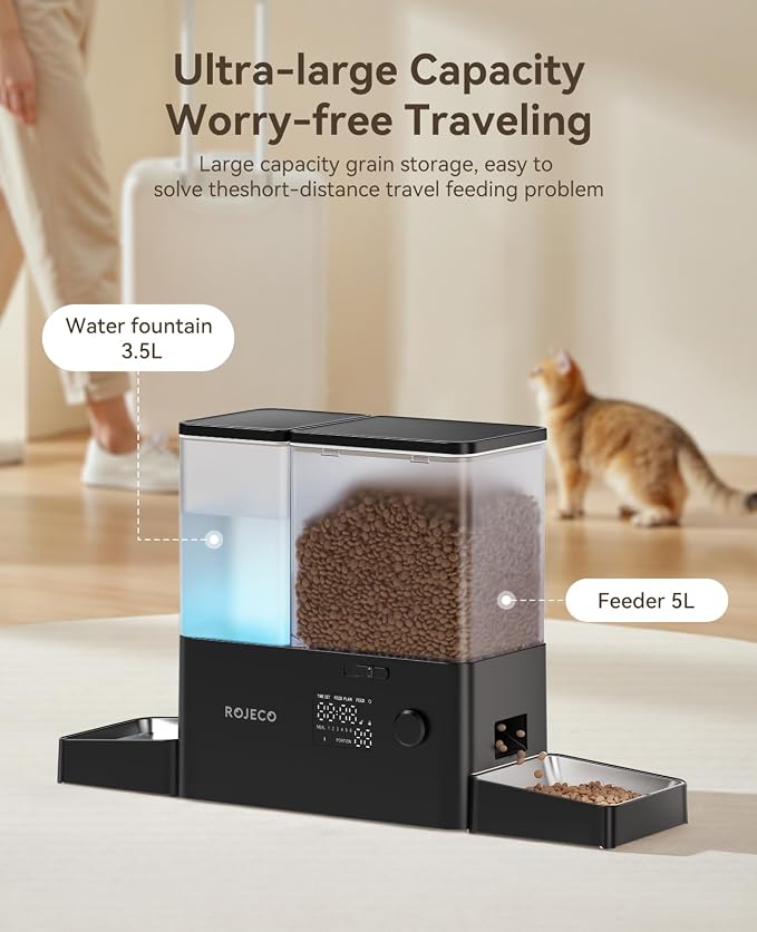 Automatic Cat Feeder & Water Dispenser,Button Customizable Feeding | 2 in 1 Feeding Drinking Water/5L Food Feeder,3.5L Water Fountain/Stainless Steel Bowls/Detachable Clean/Black