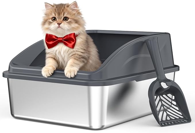 AIPERRO Stainless Steel Litter Box | Metal Litter Box with Lid for Kitty | High Sided, Low Entry for Small Cats or Injured Cats | Bunny Litter Boxes | Odor-Free & Non-Stick | Includes Litter Cat Scoop