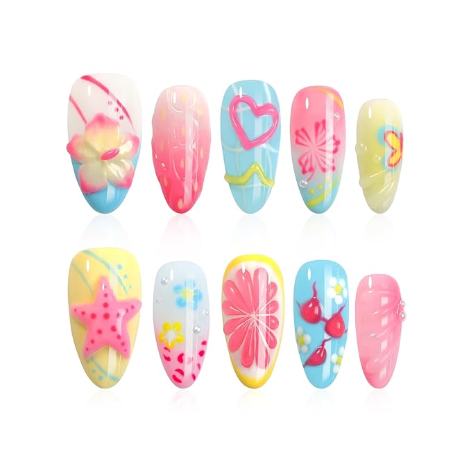 Handmade Press On Nails Almond - French Tips with 3D Flowers Water Rhinestone Design Short Nails, Salon-Quality Reusable, 10Pcs Includes Adhesive Pads & Nail File, Holiday Gifts & Party
