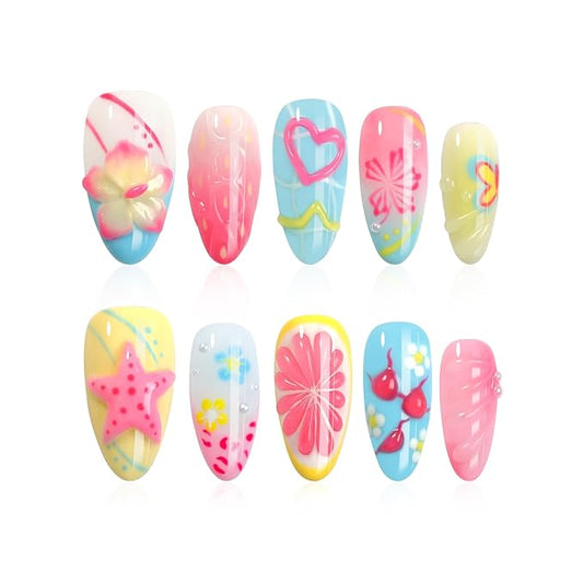 Handmade Press On Nails Almond - French Tips with 3D Flowers Water Rhinestone Design Short Nails, Salon-Quality Reusable, 10Pcs Includes Adhesive Pads & Nail File, Holiday Gifts & Party