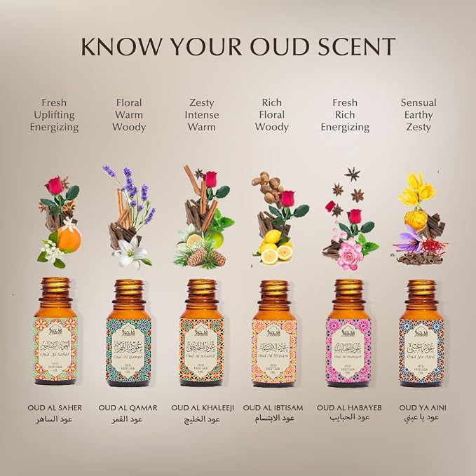 Oud Diffuser Oil, Essential Oil Gift Set by Dukhni | 6 x 10ml Arabic Oil Gift Set for Diffuser & humidifier | 100% Pure Halal Oudh Oils | Relax with Home Aromatherapy
