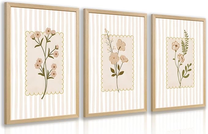 OPFDE Wood Framed Botanical Wall Art Set of 3, Neutral Wildflower Wall Decor, Minimalist Beige Stripe Poster Print, Vintage Cottagecore Farmhouse Floral Artwork for Living Room Bathroom 16x24 Inch