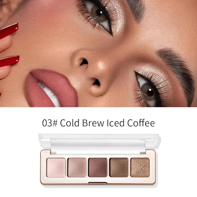 5-Color Eyeshadow Palette, Matte & Shimmer Neutral Browns, Low Saturation High Pigment, Blendable Buildable Waterproof, Smooth Skin-Friendly, 3#