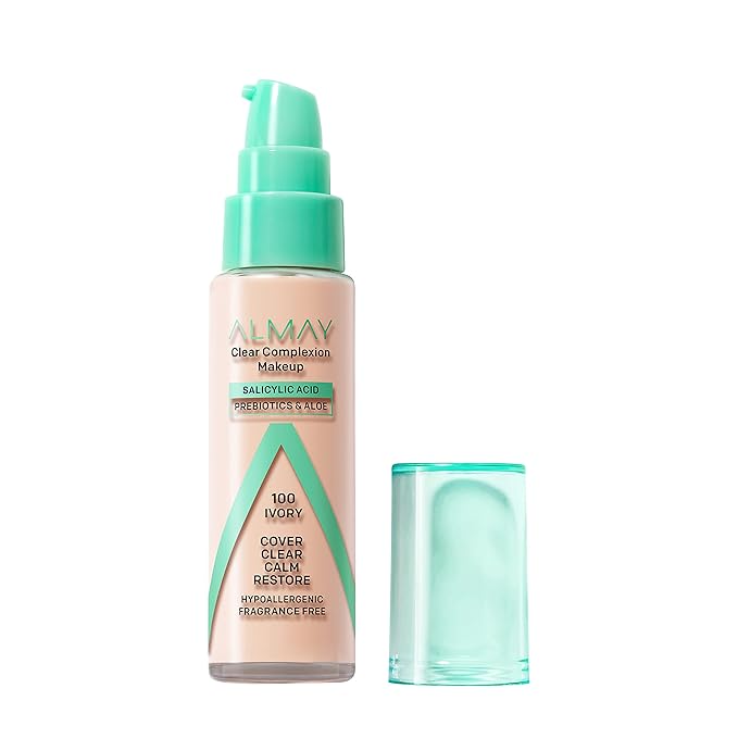 Almay Clear Complexion Acne Foundation Makeup with Salicylic Acid, Medium Coverage, Soft Matte Finish, Hypoallergenic, Cruelty- & Fragrance-Free, Dermatologist Tested, 100 Ivory, 1 fl oz