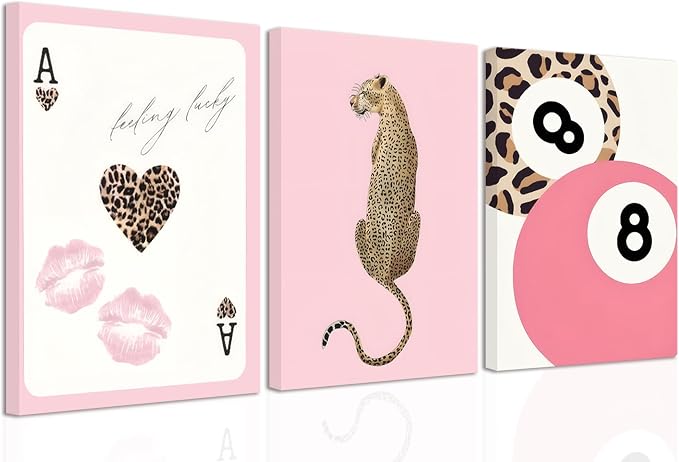 Cheetah Trendy Wall Art Set of 3 Preppy Leopard Canvas Print for College Apartment Room Wall Decor 8 Ball Poster Y2k Pink Coquette Print Lucky Aesthetic Pictures for Bedroom Dorm 12x16 In Framed