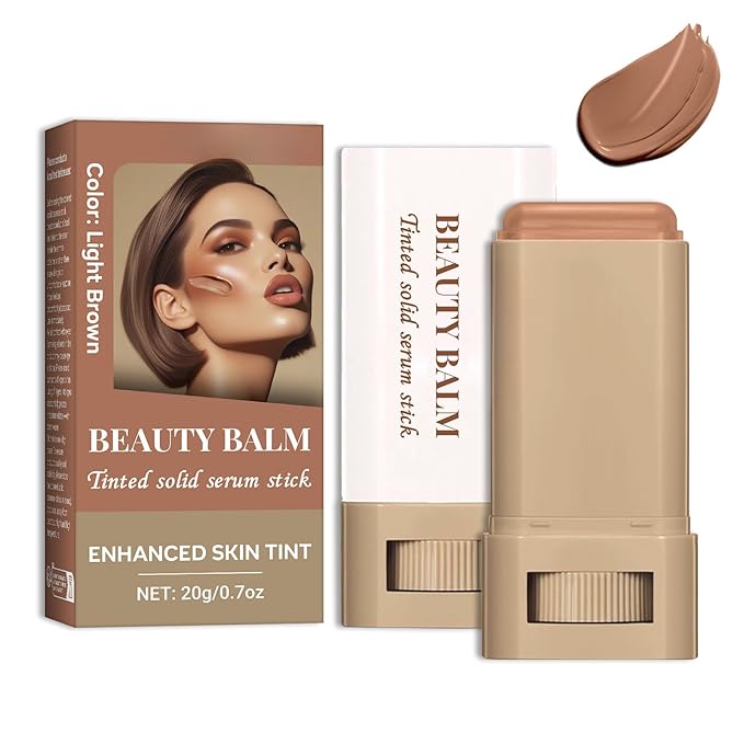 Tinted Solid Serum Foundation Stick – Skin Color | Lightweight Buildable Coverage, Natural Finish, 20g Travel-Friendly Makeup Stick for All Skin Types (Light Brown Shade)