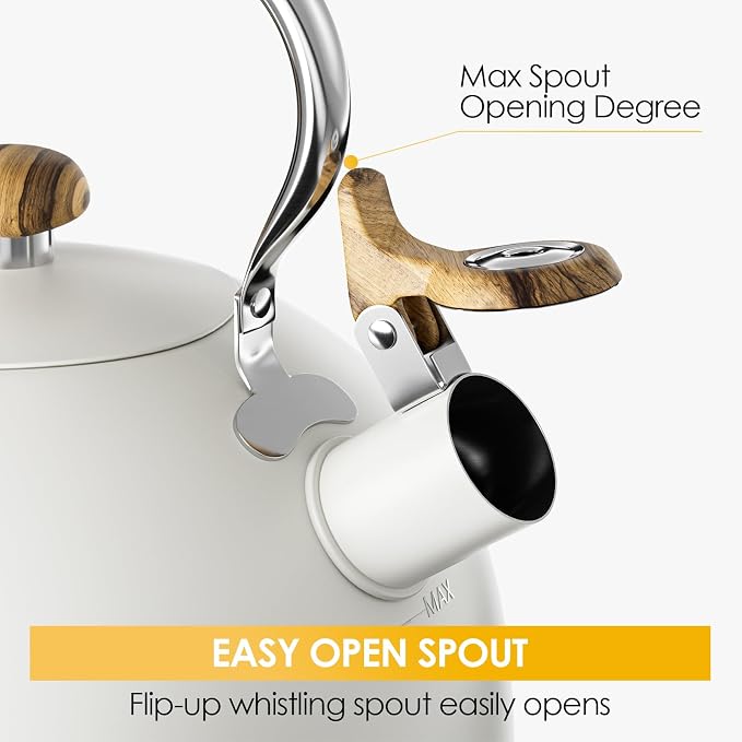 2.6 Quart Tea Kettle Stovetop Whistling for Stove Top, Cream | Food Grade Stainless Steel Tea Kettles with Cool Wood Pattern Handle, Induction Compatible