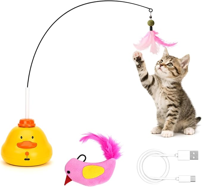 Automatic Cat Toys, Interactive Cat Toys for Indoor Cats | 360° Rotating Moving Cat Fishing Pole Toy, 2 Speeds with Bird Sound, 8cm Suction Cup & Weighted Base