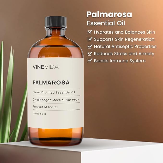 VINEVIDA Palmarosa Essential Oil - 16 oz - Undiluted - DIY Candle Scents - Bulk for Soap Making